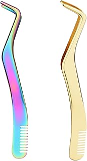 2pcs Lash Tweezers, Stainless Steel Upgraded 2 in 1 Lash Extension Clamp with Comb Eyelash Applicator for Volume Isolation Classic Lashes False Lashes (Imitation Gold, Colored Titanium)