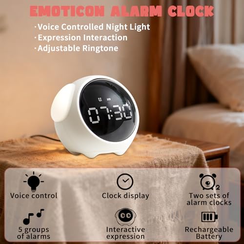 Cute Dog Kids Alarm Clock, Voice Control Rechargeable Digital Clock, White - Image 3