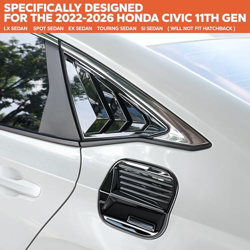 Image of for 11th Gen 2022-2026 Honda Civic Accessories, 3pcs Trim Set - Rear Quarter Triangle Window Louver Covers & Fuel Tank Cover (Fits Sedan Only /Not for Hatchback) (Glossy Black)