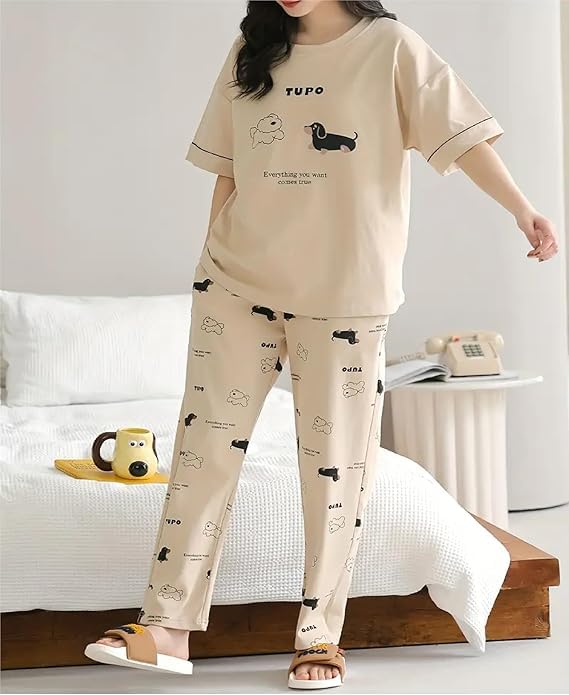 Image of Womens Night Dress Pajama Set Soft Stretchable Spandex Nightwear Night Suit Ladies Loungewear Sleepwear Two Piece Top and Pyjama Set for Women