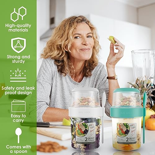 3 Pack Reusable Overnight Oats Container, Cereal Yogurt Cups Leak-Proof Breakfast Salad Cups with Lid and Spoon Portable Oatmeal Cup Breakfast On the Go Cups for School Office Travel - Image 2