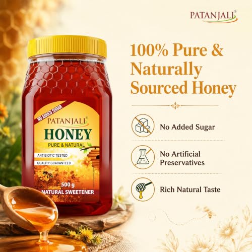 Image of Patanjali Pure Natural Honey 500g - No Added Sugar Raw Natural Bee Madhu Honey | No Artificial Colour | Ideal for Eating Cooking & Daily Wellness Use