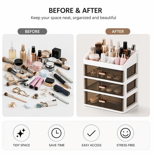 Image of JD Fresh 3 Layer Makeup Storage Organizer /Plastic Large Cosmetic Storage Box with Transparent Drawer /Vanity Countertop Skincare Organiser for Makeup, Perfume, Brushes & Beauty Accessories