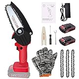 Mini sierra de cadena con batería, mini motosierra eléctrica, 4 pulgadas, con batería de batería, con cargador y 2 pilas, para podar y cortar madera