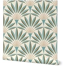 Spoonflower Commercial Grade Wallpaper 27ft x 2ft - Modern Geometric Teal Green Orange Bold Linen Texture Retro Scallop Fans Traditional Wallpaper