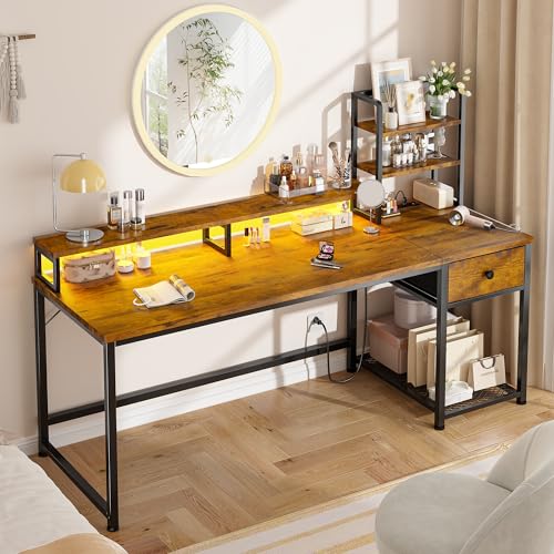 Image of EnHomee 55 inch Reversible Computer Desk, Hutch, USB & LED, Rustic Brown | Fits 2 Monitors on Stand; Drawer & 3 Shelves; 60,000 Colors Music Sync RGB; 3 AC Ports & Type-C; Steel Frame; Easy Build