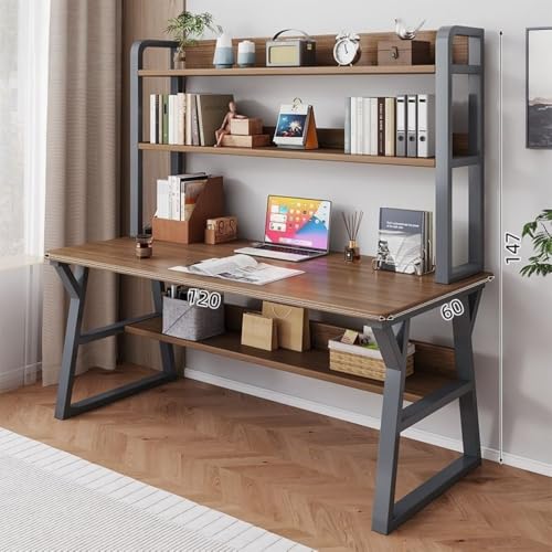 GERRBG 収納スペース付き 学習机 組み立て式デスク 省スペース卓 コンパクト学習机 組み立て簡単 大容量 広い収納 大型デスクトップ 安定性と耐久性 家庭用 勉強机スーツ 学校机 パソコン机 (椅子は付属しません) (ダークオーク,120*60*14