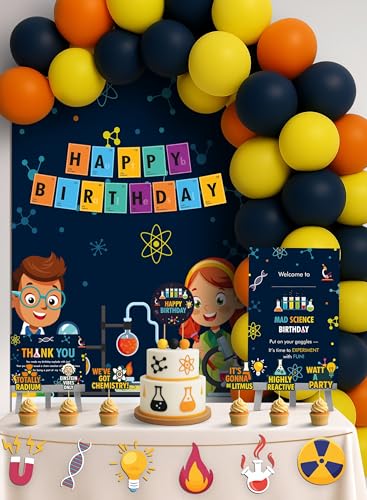 Image of Just Party Science Theme Party Decoration - 100 pcs Happy Birthday Decoration Kit for Kids | Science Theme Birthday Decoration Items for Boys & Girls | Includes Balloons,Backdrop Curtain,Props,Banners