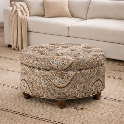 Image of Homepop Home Decor |N8264-F1044 | Large Button Tufted Woven Round Storage Ottoman | Ottoman with Storage for Living Room & Bedroom, Traditional Paisley
