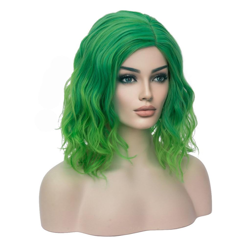 BERON  Wigs for Women Short Curly Bob Wavy Wig Girls Ombre Green 14" Body Wave Shoulder Length Hair Wig Heat Resistant Synthetic Halloween Cosplay Daily Party Wigs: Green