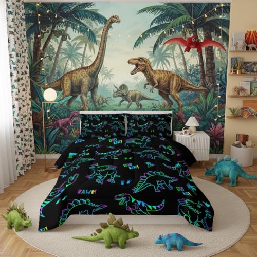 Image of QOOMO Jurassic Dinosaur Kids Bedding Set, Black, Full Size