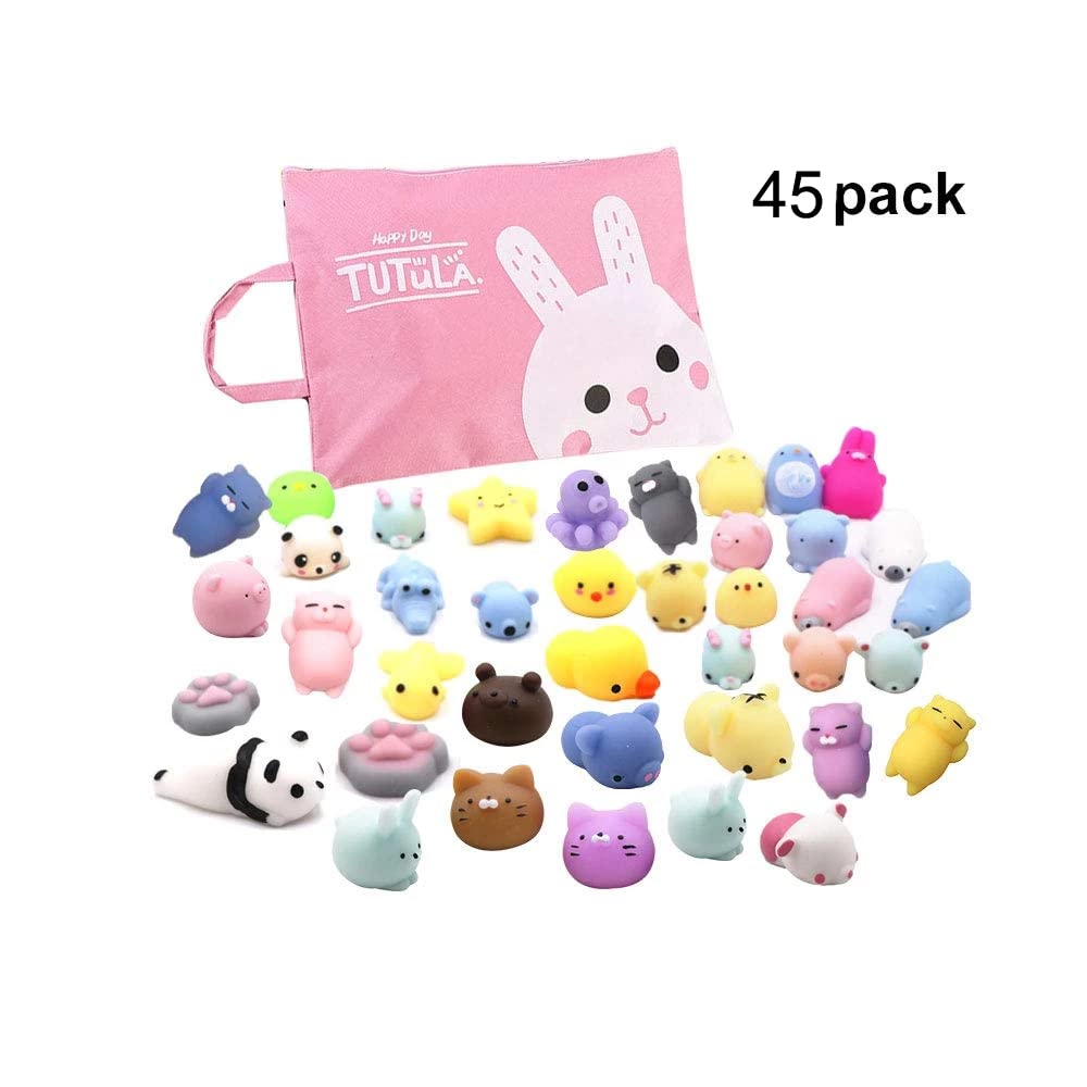 45pcs Mochi Squishy Toys Set with Storage Bag, Mini Squishies Kawaii Animal Squishys Party Favors for Kids, Random Stress Relief Anxiety Toys for Kids Adults, Birthday Gifts for Boys & Girls