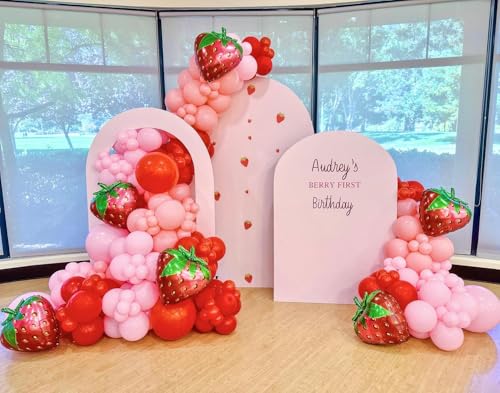 Image of 142 Pcs Strawberry Balloon Garland Arch kit,Red,Pink,Light Pink,Strawberry Foil Balloon for Berry First birthday Decorations,Baby shower,Strawberry Party Decorations