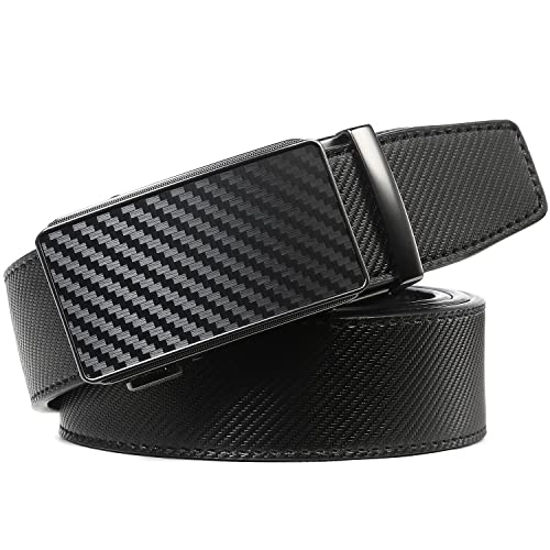 Image of Drowsmen Leather ratchet belt 1 3 /8 inch with Click Sliding Automatic Buckle, Adjustable belt Trim to Fit