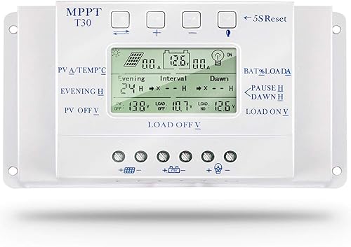 MPPT T-30 Controlador de carga solar de 12 V 24 V para entrada máxima de 48 V con pantalla LCD, controlador de carga MPPT compatible con PWM
