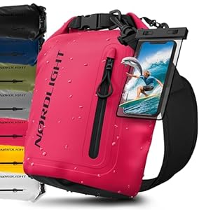 Nordlight Dry Bag wasserdichte Tasche mit Handyhülle + Roll-Top, Schultergurt | Drybag wasserfester Rucksack Beutel Packsack Seesack Wassersack Wetbag | Baden Schwimmen Strand SUP – Pink, 5 Liter