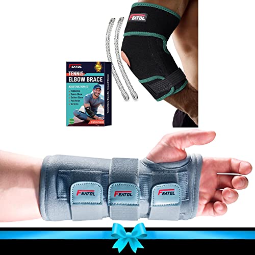 FEATOL Wrist Brace Carpal Tunnel for Women Men-Left Hand, Medium/Large with Elbow Brace for Tendonitis and Tennis Elbow Golfers Elbow Brace with Spring Stabilizer, Tennis Compression Sleeve- Medium