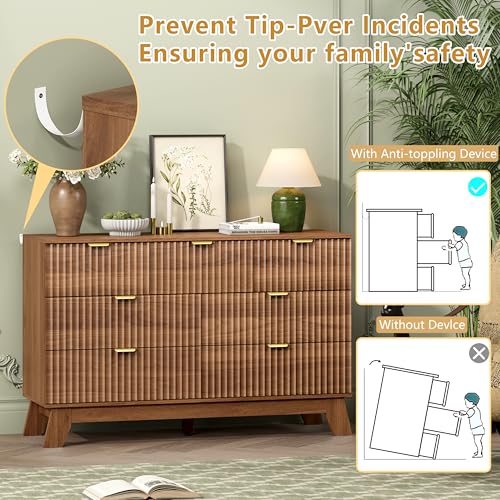 Image of Wodeer 7 Drawer Fluted Dresser for Bedroom, Mid Century Modern Wooden Dresser with 7 Drawers, Dressers & Chests of Drawers with Metal Handle, TV Stand & Storage Organizer for Entryway, Hallway, Walnut