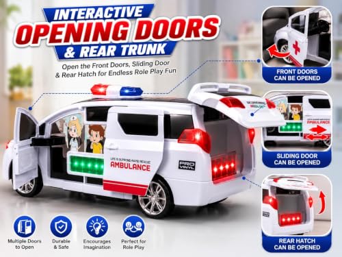 Image of TEC TAVAKKAL Bump & Go Toy Car with Lights & Music, Opening Front Doors, Sliding Side Door &Rear Trunk,360 Rotating Electric Rescue Vehicle, Educational Toy Gift for Kids (Ambulance Car Toy)