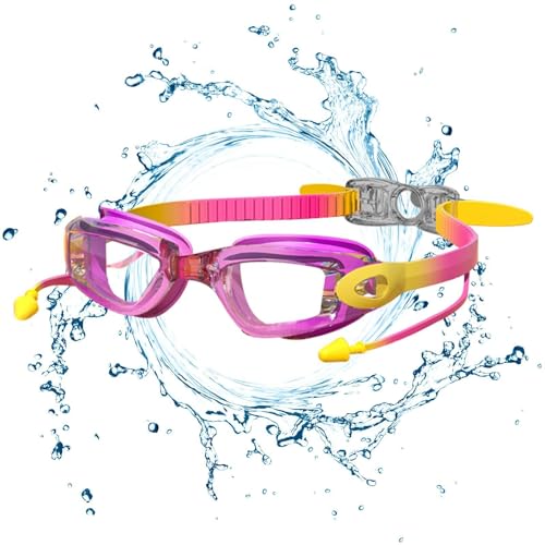 Gafas de piscina para niños, gafas de buceo, amplia visión, correa ajustable, protección UV, sin fugas, antiarañazos y antivaho, gafas de piscina para niños, con tapones para los oídos para niñas