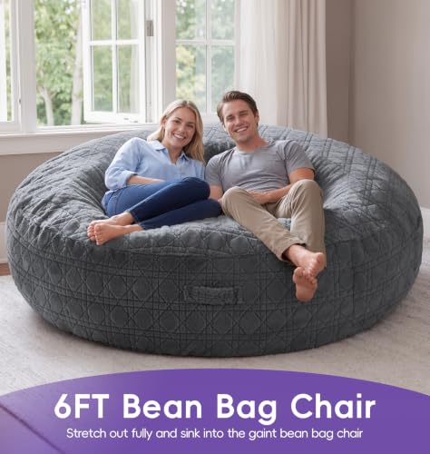 Image of 6FT Bean Bag Chair Oversized Bean Bags for Adults Large Bean Bag Beanbag Chair Washable Cover Quilted Plush Bean Bags Giant Memory Foam Bean Bag Chairs for Adults Pocket Bedrooms Living Room(Darkgrey)