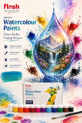 Image of Flash Water Colours For Painting-Painting Kit for Kids Artists Professionals Hobby Painters-Matt Finish Rich Pigments Non Toxic Watercolor Set-15 ml each (Set of 12)