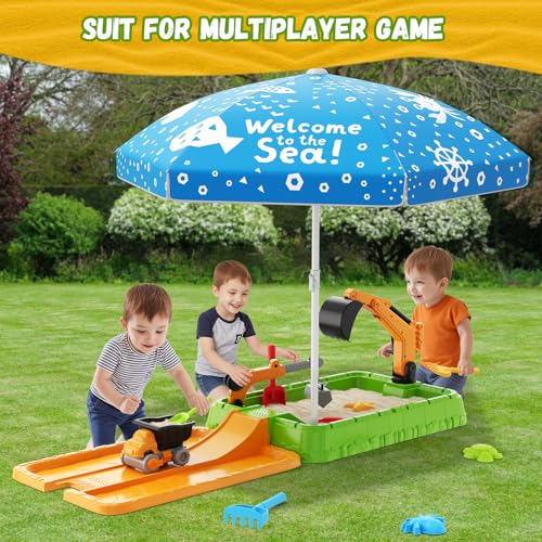 HYES Sandkasten mit Abdeckung, Dreck Digger Bagger Sandkasten mit Deckel, Kinder Sandkasten mit Sonnenschirm Sandschaufel Strandspielzeug, Gartenspielzeug Sommerspielzeug für Kinder 3-5, Grün