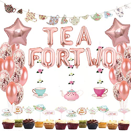Tea For Two Birthday Party Decoration, Tea For Two Balloons Floral Tea Hanging Garland, Teapots Teacups Tea Party Banner, Cake Topper, Star Foil, Latex Balloon For Girls Second Birthday Party Supplies #TOP4