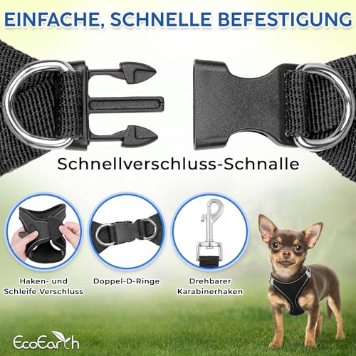 Hundegeschirr + Leine - Klein, Schwarz - Weich gepolstert + Zugfreies Design Haustiergeschirr + Reflektierende Streifen für kleine Hunde - von EcoEarth