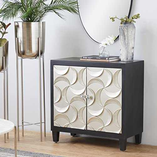 Deco 79 Wood Silver Crescent Moon Relief Design 2 Door Cabinet With Crystal Knob Handles, 31" X 16" X 32", Black #TOP1