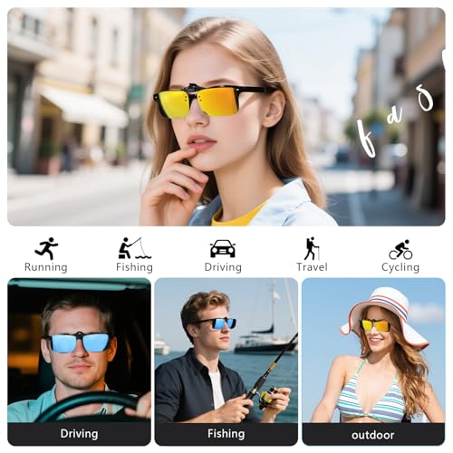 Image of Hifot Clip on Sunglasses 4 Pack,Polarized Lens Fit Over Prescription Glasses,Flip up Rimless Sunglasses