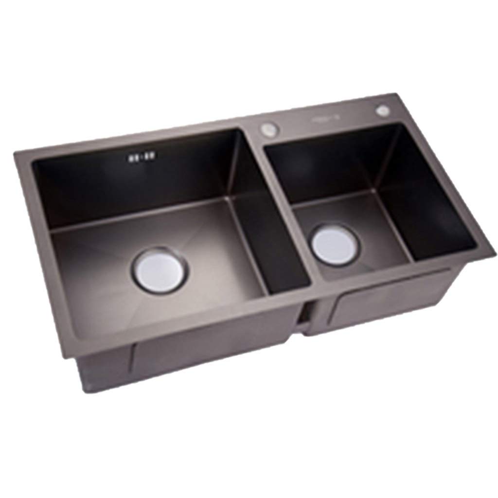 ZQFHSX Kitchen Sinks Fixtures Nano Antibacterial Pool Thick 304 Stainless Steel Manual Sink Black Double Basin Sinking (Color : Black, Size 82 * 45cm)
