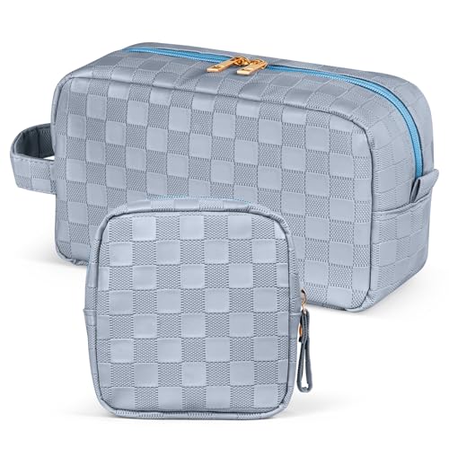 MAGEFY 2Pcs Makeup Bag, Cute Checkered Pouch with Handle, Leather Travel Makeup Pouches for purse Make Up Bag for Cosmetic, Lipstick,Blue Haze