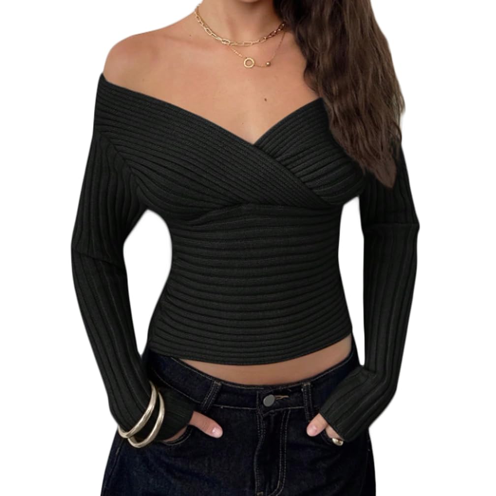 Women Sexy Off The Shoulder V Neck Crop Sweater Trendy Slim Fit Long Sleeve Ribbed Knit Wrap Pullover