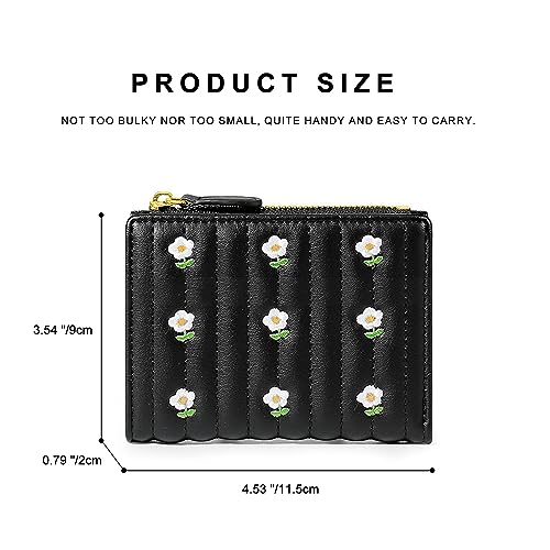 Mokoze Girls Wallet, Cute Wallet with Flower Pattern and ID Window Zipper Pocket Bifold Wallet for Travel, Shopping, Gift Giving and Daily Use (Black)2