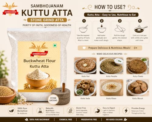 Image of Sambhojanam Kuttu ka Atta, 1Kg | Stone Grounded Buckwheat flour for Vrat | Fresh Kuttu flour Rich in dietry Fibre for Fasting| Gluten Free Kuttu Atta | Helps to Lose Weight | Upwass Ke Liye