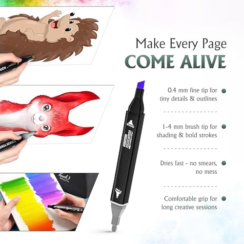 Image of AMIRATE 48 Pcs Dual Tip Markers Set, Non-Toxic Art Supplies For Kids & Adults, Books Pen With Carry Case Set Colour Broad Drawing Sketching (48), Multicolor