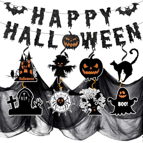 Cadimus Kit de Decoración de Halloween, Pancarta Happy Halloween + Decoración Colgante Espirales + Gasa Espeluznante de Negro, Accesorios para Fiesta