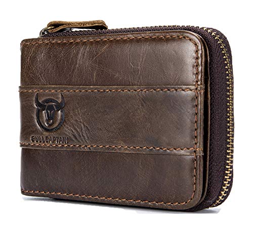 Selighting Genuine Leather Zipper Wallets for Men RFID Blocking Vintage Bifold Wallets Credit Card Holder Cases (One Size, Dark Brown)