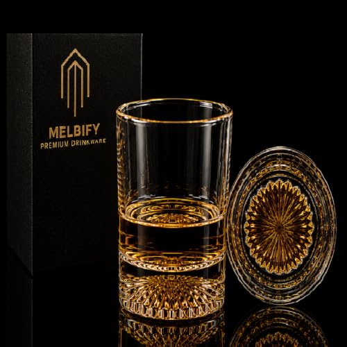 Image of Melbify Italian Petal Whiskey Glasses | 300ml | Set of 4 | Artistic | Designer Whiskey Glass | Elegant | Premium| Royal | Luxurious | High end Expensive Whisky Glasses with Gold Plated Bottom