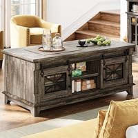 IRONCK 48'' Coffee Table with Sliding Barn Doors, Rustic Center Table with 6 Large Storage Space, Glass Doors and Adjustable Middle Shelf, Farmhouse Coffee Tables for Living Room, Meeting Room