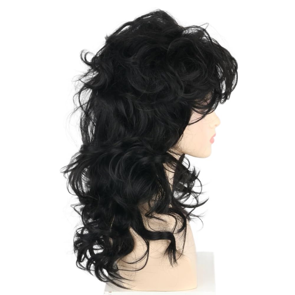 LeMarnia Women's Black Fluffy Long Curly Wig Rock Singer Wig Halloween Party Costume Wigs, 22.75 inches - Image 2