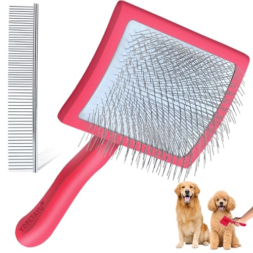 YOPETAYU Grande spazzola per cani e gatti a pelo medio e lungo, barboncini, Goldendoodles, spazzola per rimuovere peli sciolti, grovigli, nodi, sottopelo, pettine, rosso