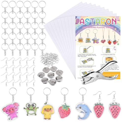 ASTARON 181 Stück Schrumpffolie Set Schrumpfplastik Set nthält Schrumpfkunstpapier Locher Ohrhaken Broschen und Schlüsselanhänger für DIY