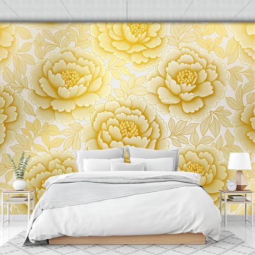 Elegante Estampado Floral Peonía Papel Pintado Impreso En 3D, 150 X 105 Cm Pared Papel Pintado, Estilo Hermoso Y Elegante Decoración De Paredes Para Salón Dormitorio Pasillo Comedor, Amarillo Pálido