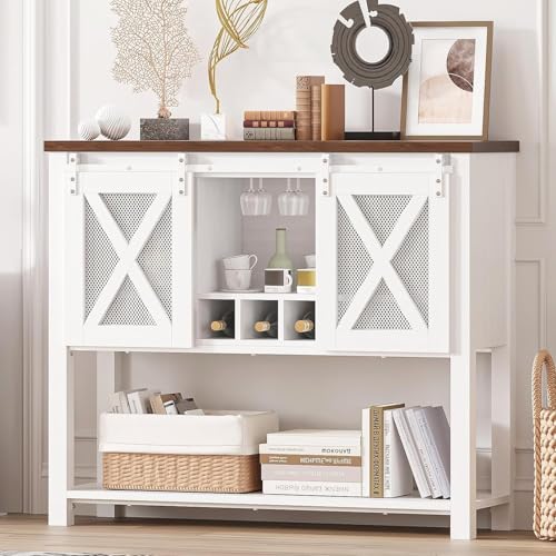 Garvee Farmhouse Console Table, Coffee Bar Sideboard Cabinet Storage with Sliding Barn Doors, Entryway Table with Glass Rack for Kitchen, Dining Room, Hallway, 46.5x15.7x39.3 Inches, White