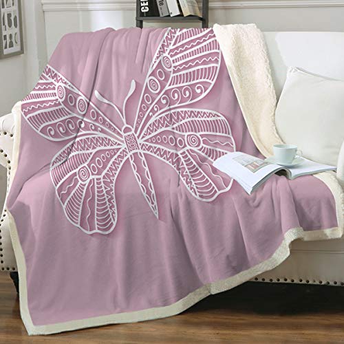 Sleepwish Butterfly Sherpa Fleece Reversible Throw Blanket Girls Trendy Vintage Lace Butterfly on Pink Trendy Plush Blanket for Bed Couch Chair Fall Winter Spring Living Room Twin(60
