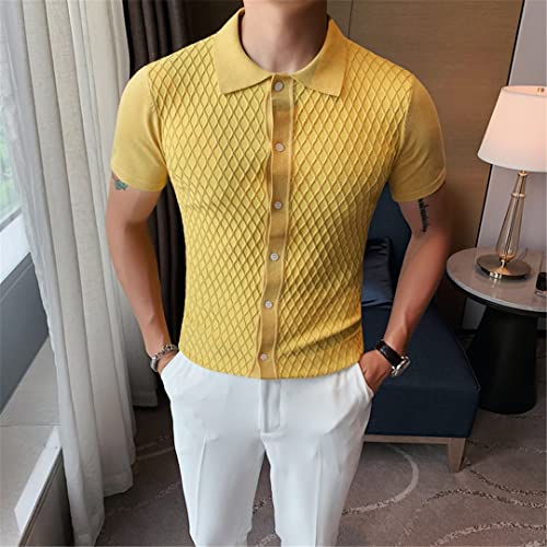 Men Summer Short Sleeves Knitted Sweater Solid Color Lapels Grid Ice Silk Slim Fit Cardigan3