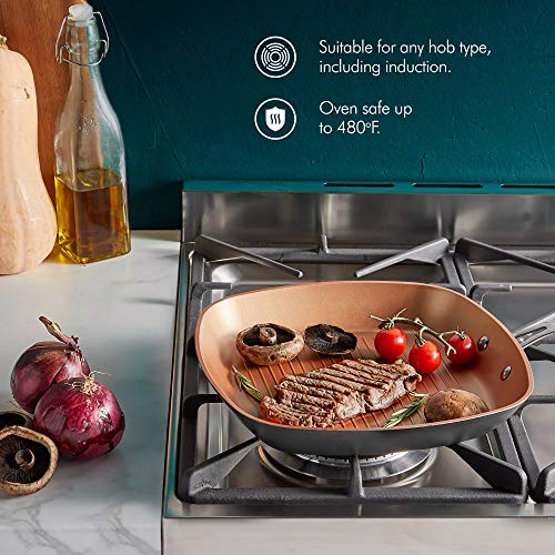 VonShef Non Stick Aluminum Grill Pan, Easy Clean Griddle With Copper Colored Interior and Stainless Steel Handle, Induction Hob Ready, 11 Inches Diameter - Thumbnail 7