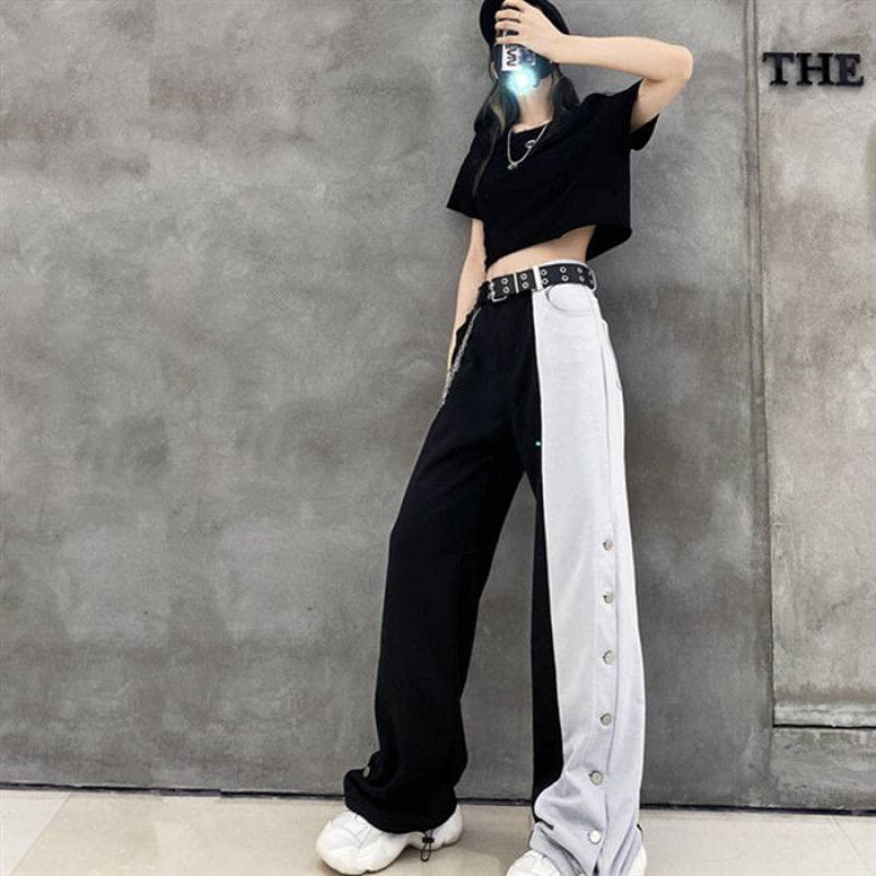 BXCNCKD Harajuku Pants Women Fashion High Waist Straight Pants Black and White Colorblock Wide Leg Pants Gothic Clothes4